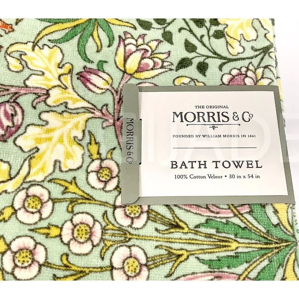 William Morris Set Of 2 Bath Towels Hyacinth Green Yellow Floral Cotton Velour